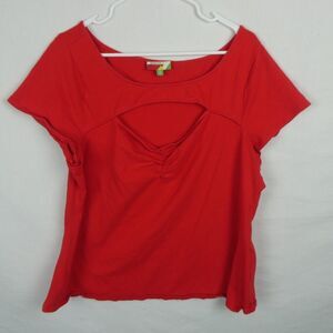 Fervour Plus Size Peekaboo Cutout Keyhole Bust Cap Sleeve Blouse Red Mod 2XL